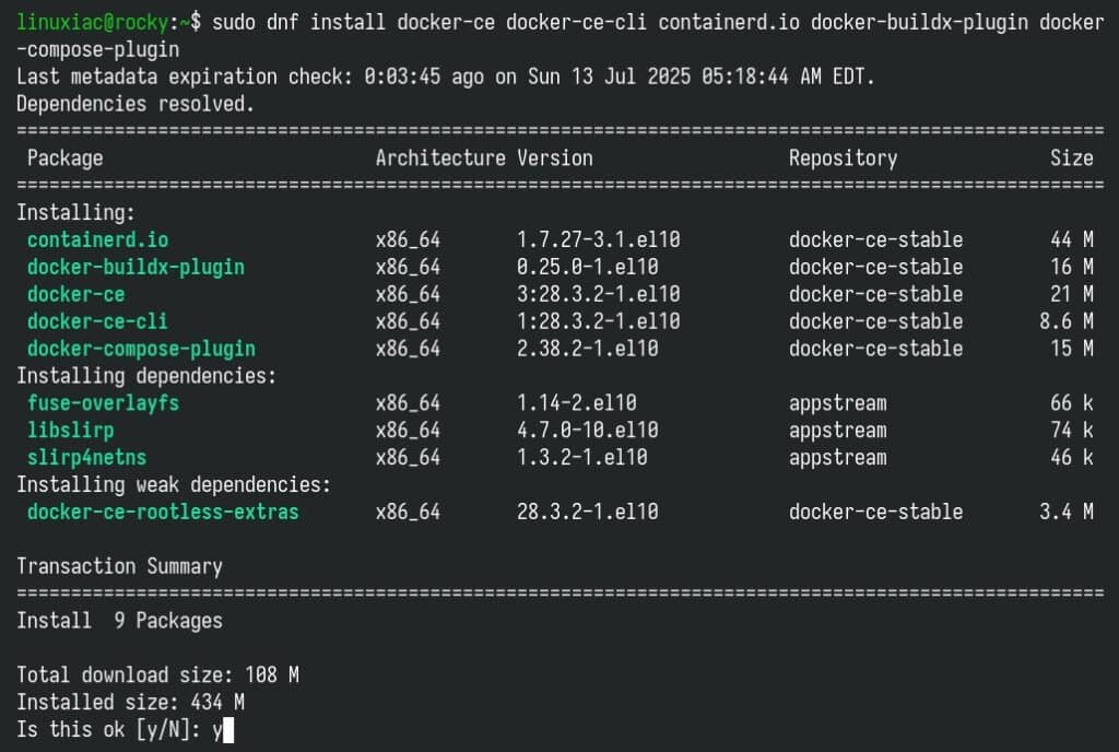 在 Rocky Linux 10 上安装 Docker。