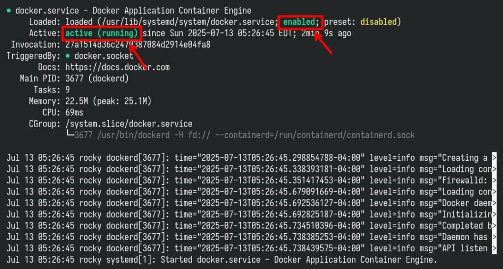 Docker 服务已启用并正在运行。
