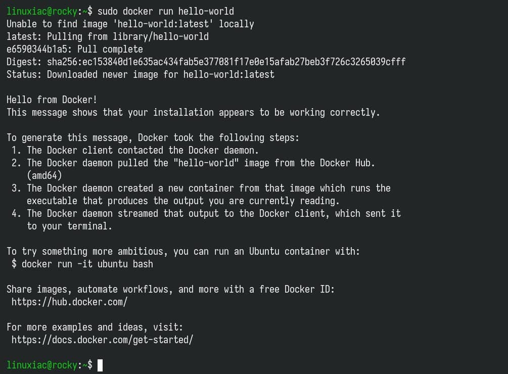 Docker 已成功安装并在 Rocky Linux 10 上启动并运行。