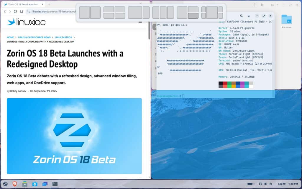 Zorin OS 18 平铺功能。